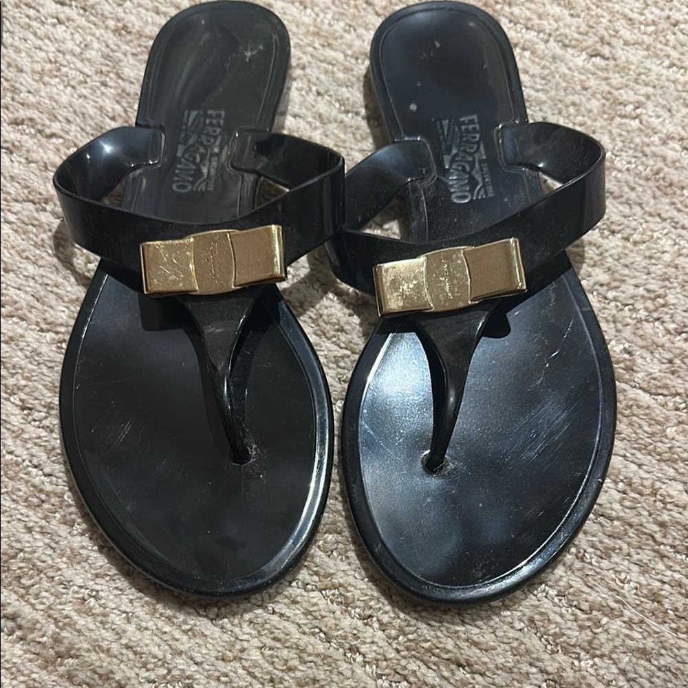 Ferragamo Black Sandals with Gold Bow